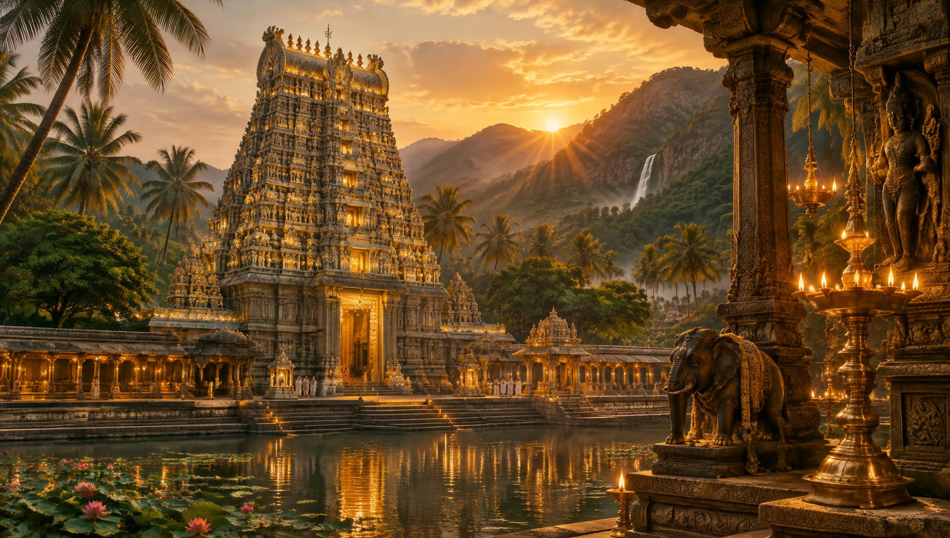 Temple gopuram at sunset
